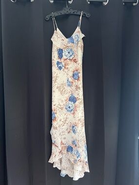 Floral Ruffle-Trim Slip Maxi Dress in Cream and Blue
